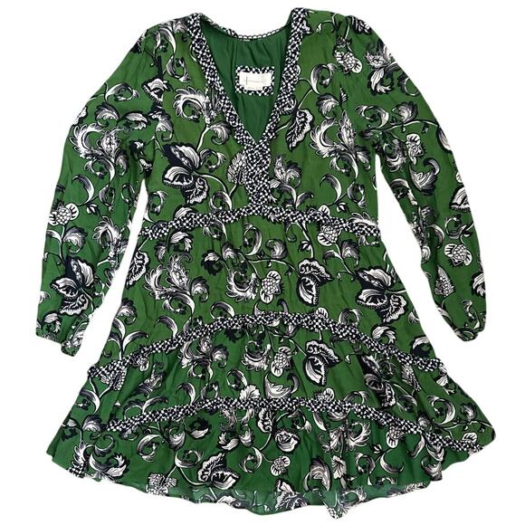 Anthropologie Robin Boho Tiered Ruffled V-Neck Dress Green Motif‎ Size Medium - Picture 5 of 11
